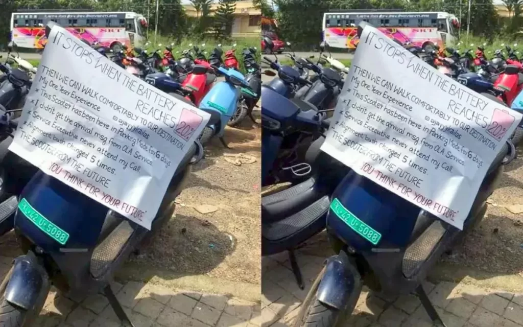 ola-s1-pro-service-not-good-met-disgruntled-bike-driver-protested-by-hanging-a-banner-on-the-car
